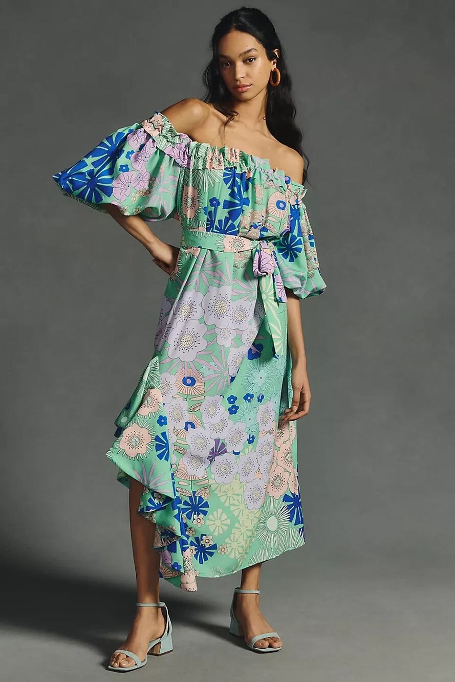 Anthropologie Oopscool Off Shoulder Dress Green Floral Small Petite New Mod